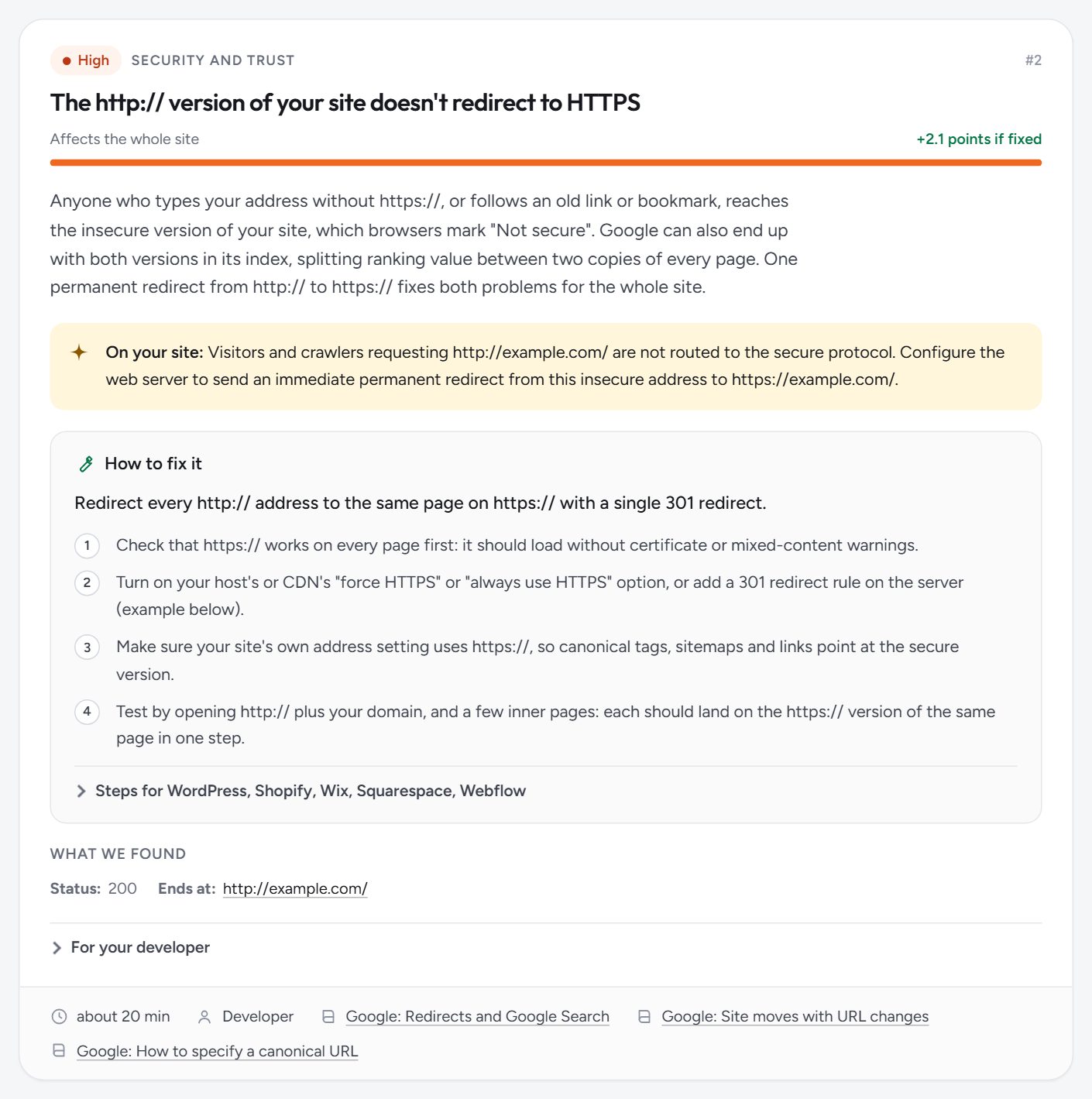 Every issue, fixed step by step: Why it matters, what we found on the site, and numbered steps for your platform.